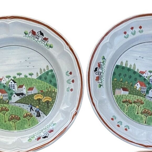 Newcor Stoneware 10 1/2 In Large Dinner Plates Country Village Scene Japan Set 2 - Picture 7 of 11
